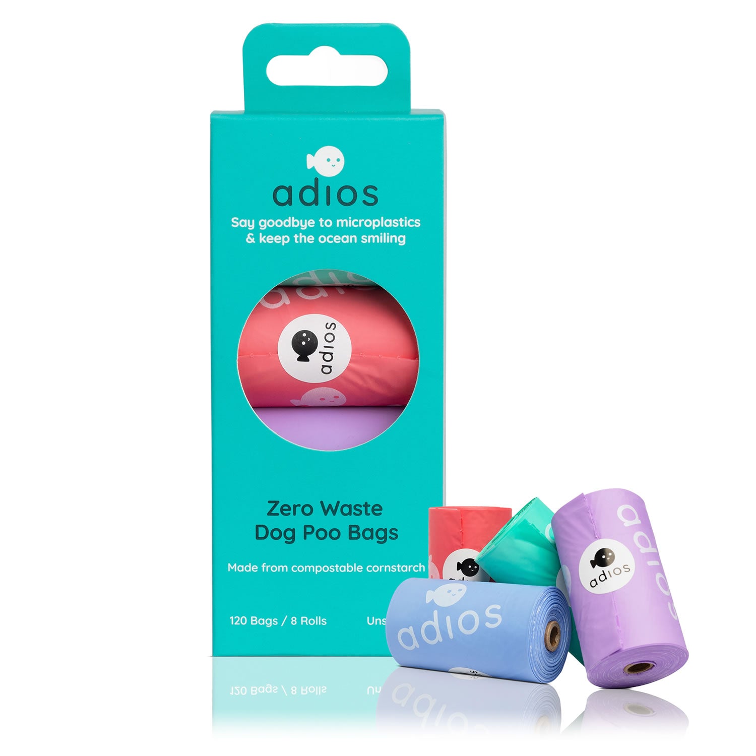 Adios Non Handle Poo Bags Rainbow - 8 Rolls (120 Bags)