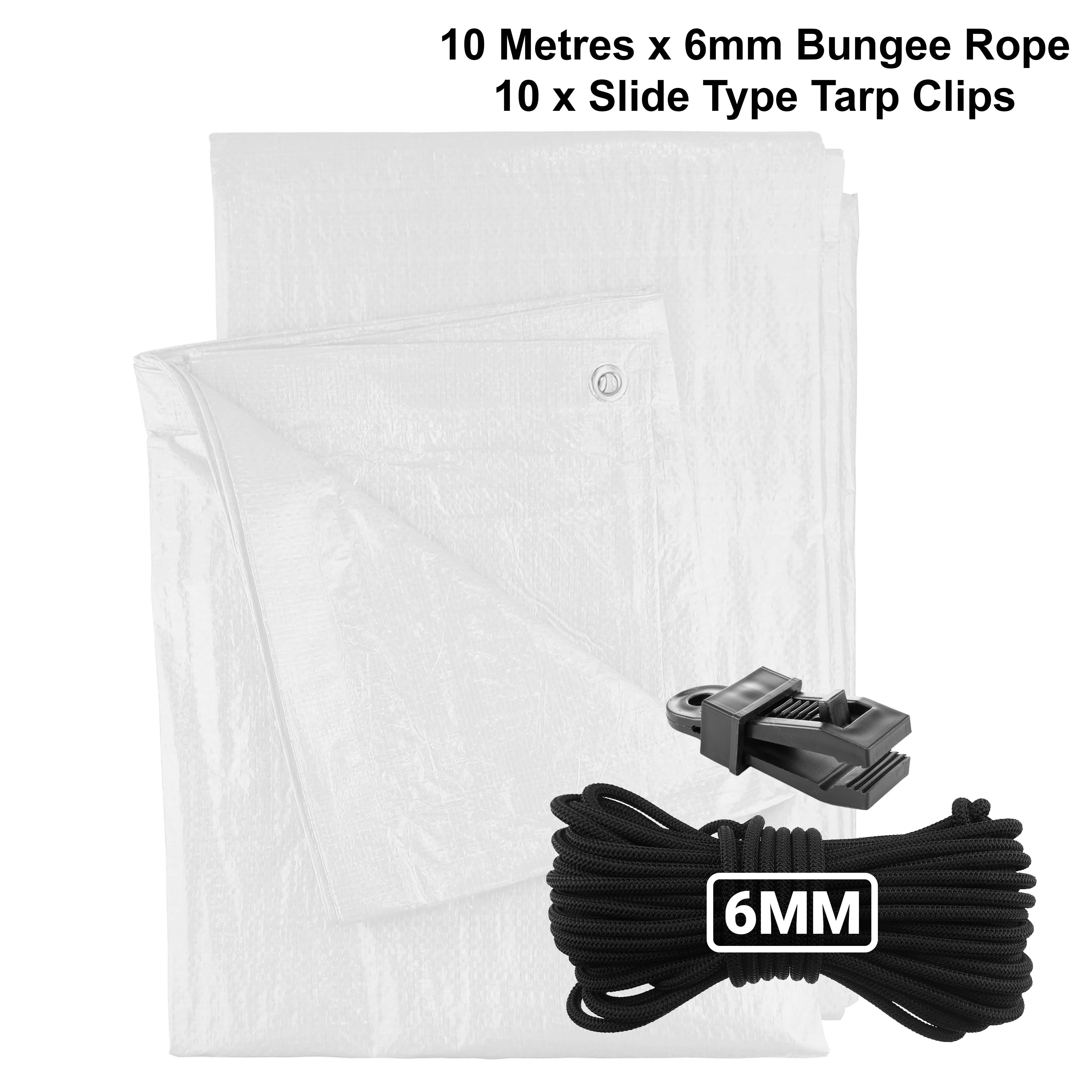 White M-Grade Tarpaulin with 10m of 6mm Bungee Rope and 10 x Slide Type Tarp Clips