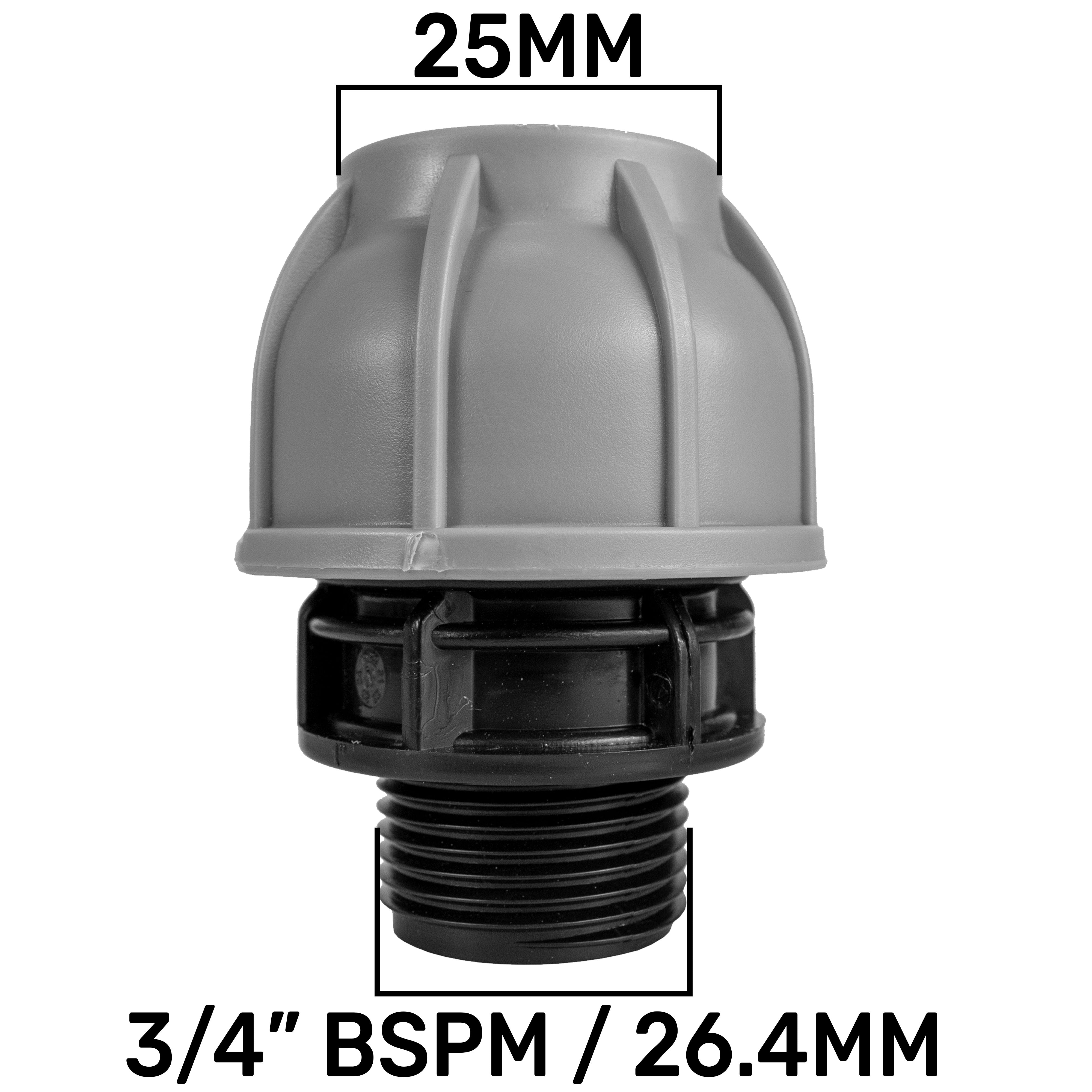 ¾” BSP Water Butt Fitting with Full Flow PP Valve and 25mm MDPE Fitting