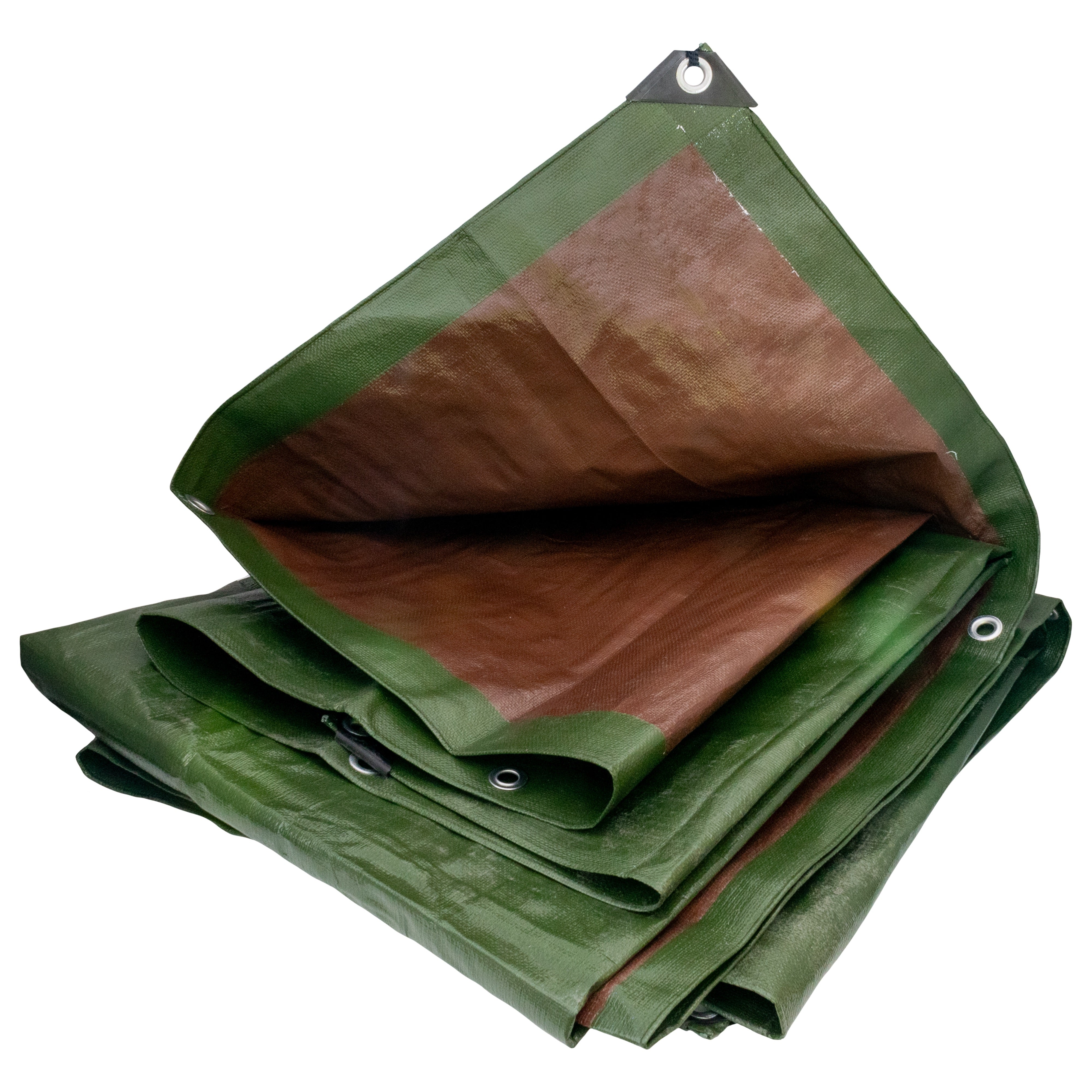 Green/Brown L-Grade Tarpaulin with 10 x 6" Bungee Balls (Black) and 10 x Screw Type Tarp Clips