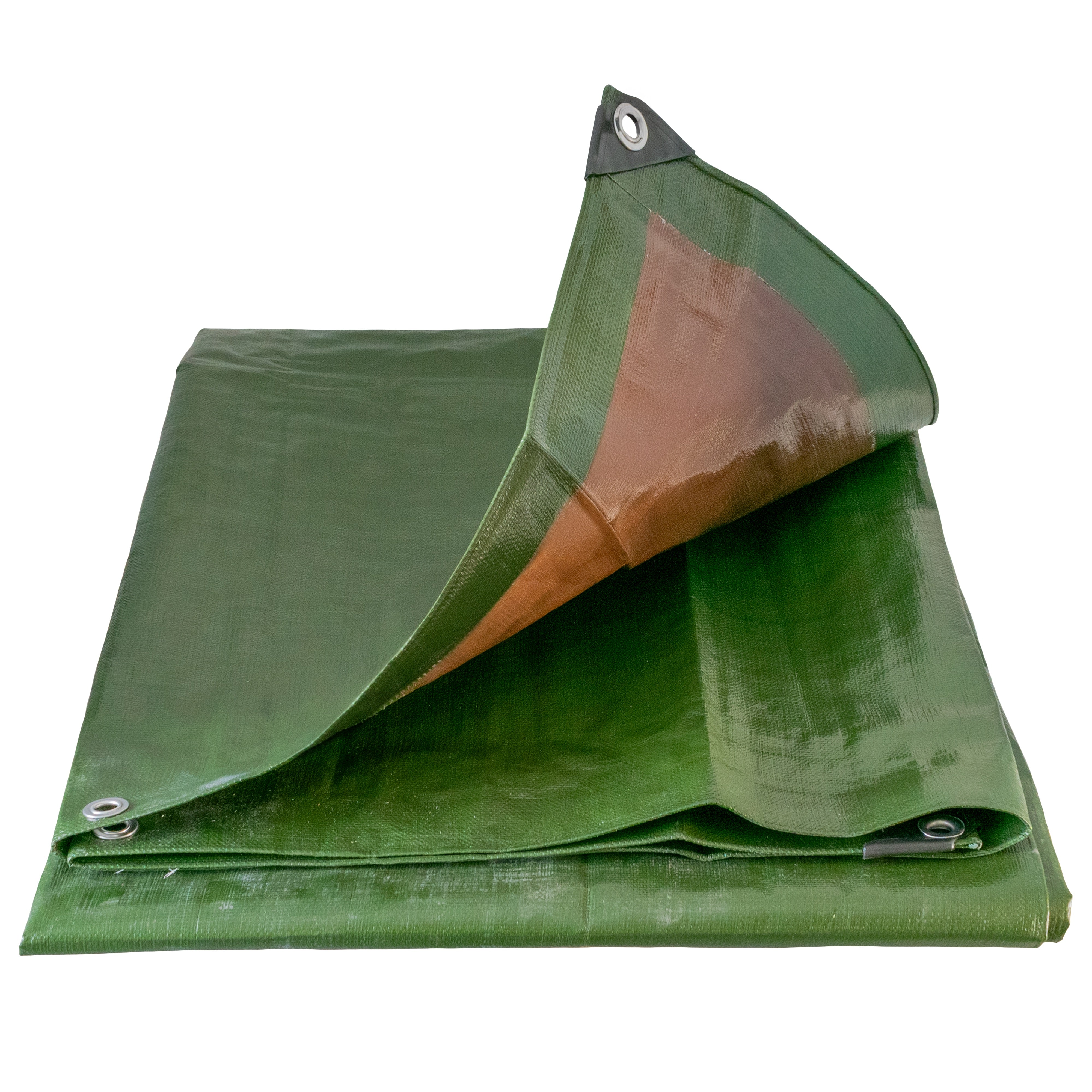 Green/Brown L-Grade Tarpaulin with 10 x 6" Bungee Balls (Black) and 10 x Screw Type Tarp Clips