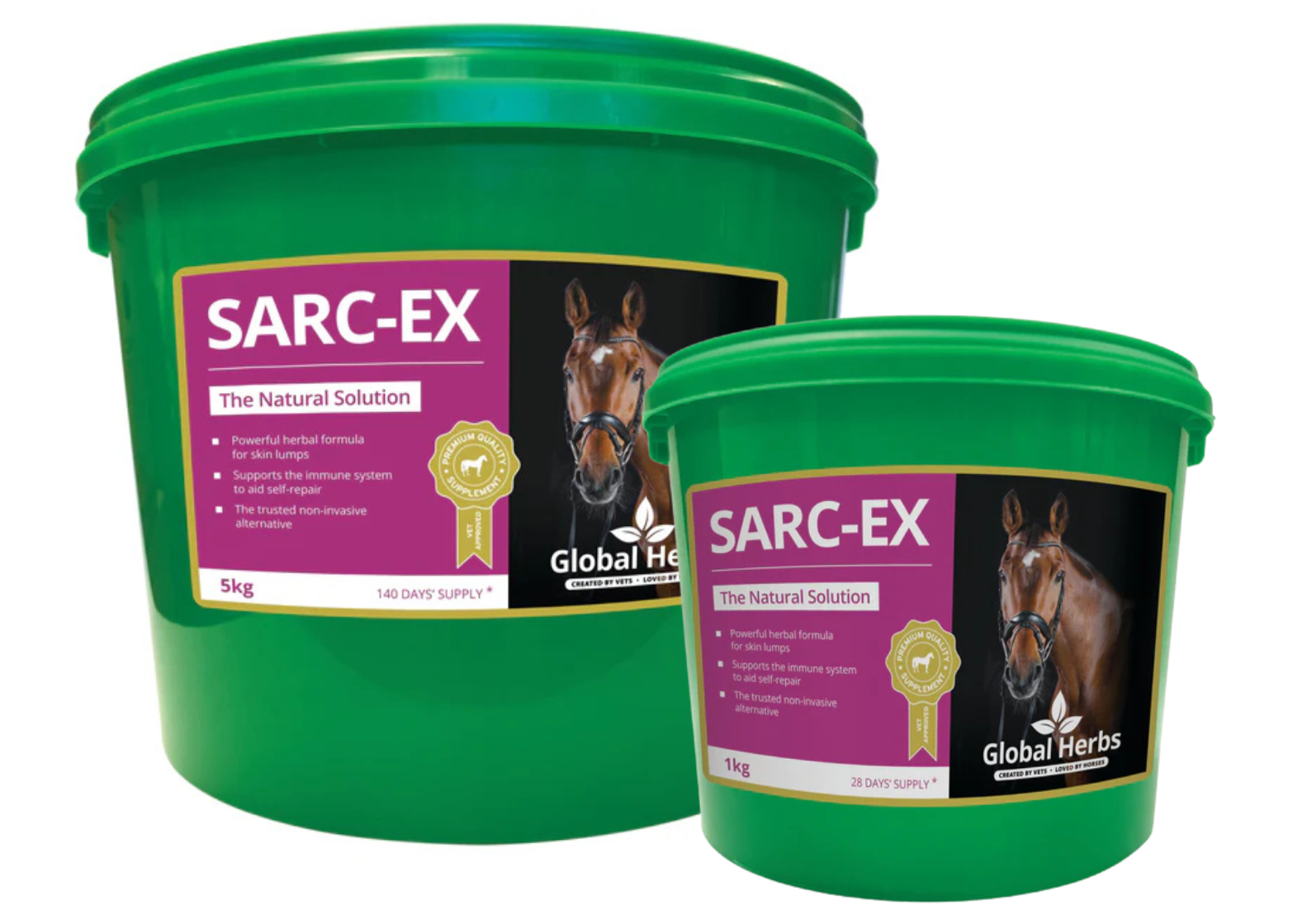 Two green buckets of SARC-EX Global Herbs product on a white background