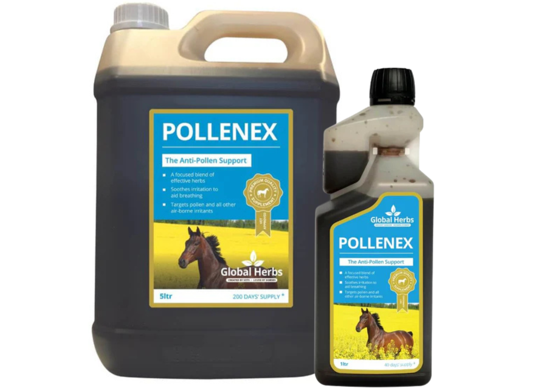 Two bottles of Pollenex with Global Herbs branding on a white background
