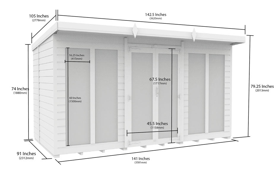 12ft x 8ft Pent Summer House (Full Height Window)