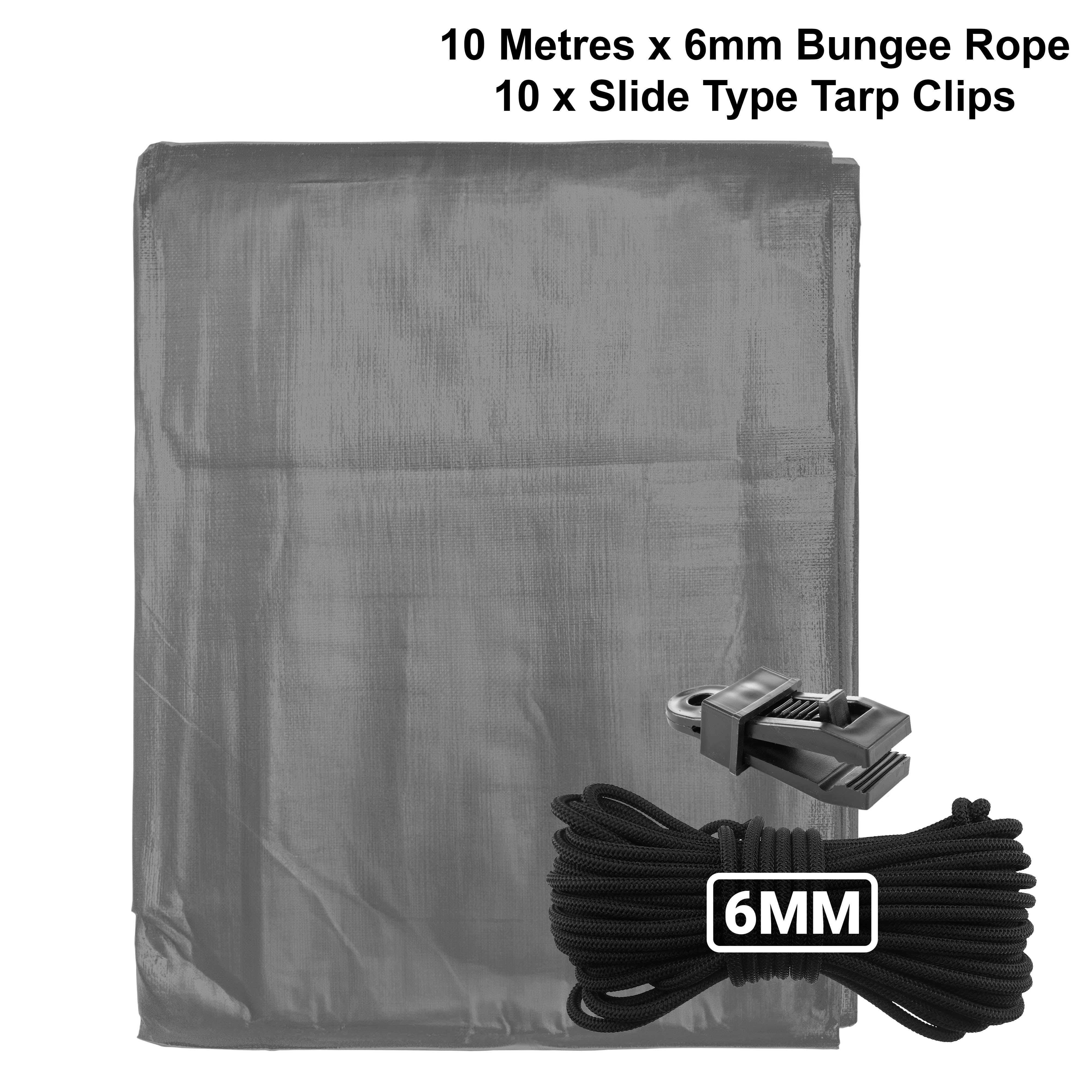Grey L-Grade Tarpaulin with 10m of 6mm Bungee Rope and 10 x Slide Type Tarp Clips
