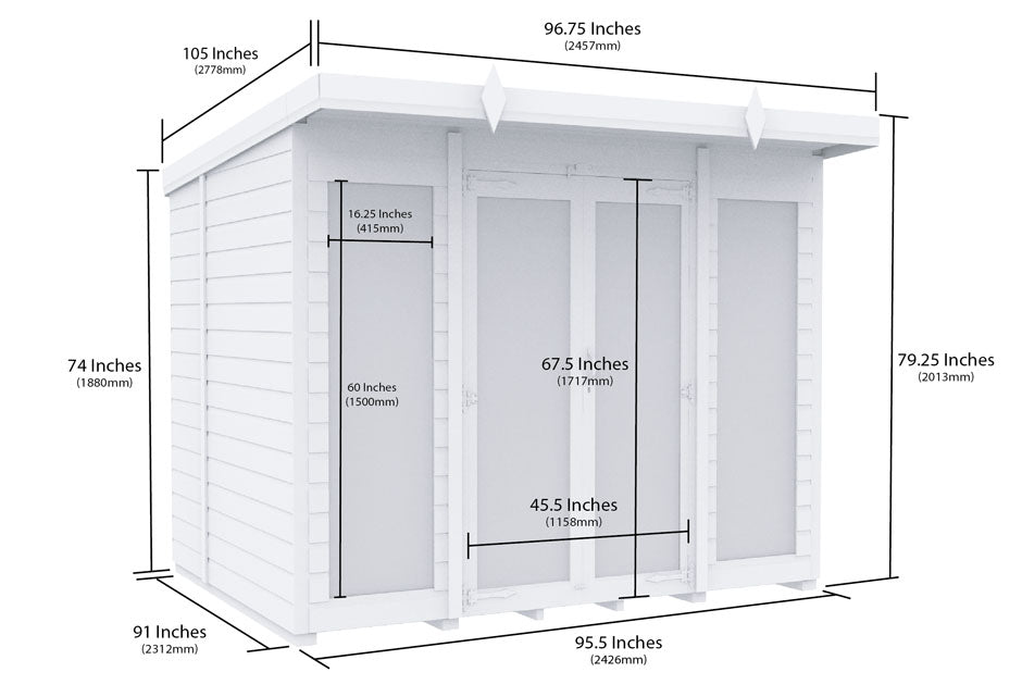 8ft x 8ft Pent Summer House (Full Height Window)