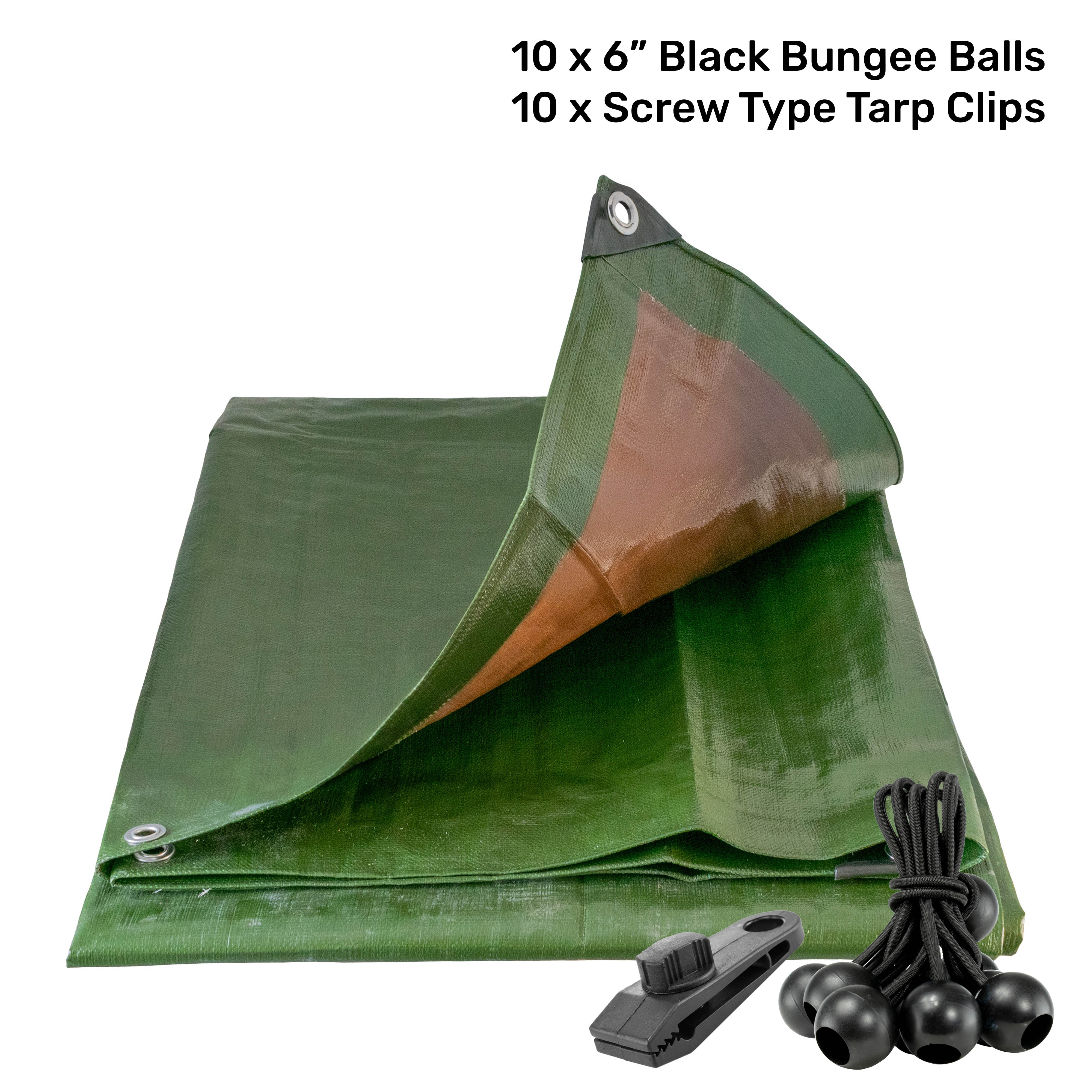 Green/Brown L-Grade Tarpaulin with 10 x 6" Bungee Balls (Black) and 10 x Screw Type Tarp Clips