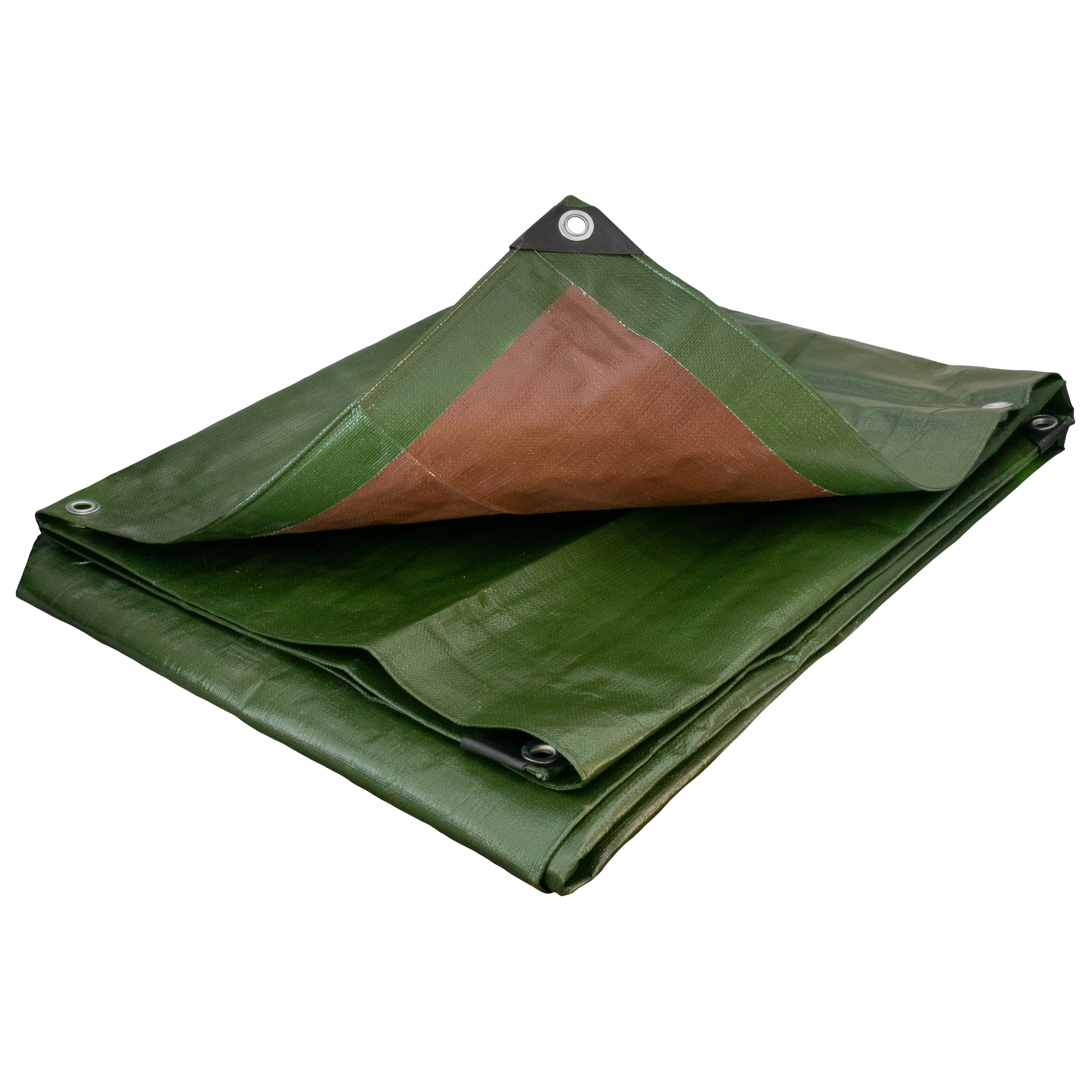 Green/Brown L-Grade Tarpaulin with 10 x 6" Bungee Balls (Black) and 10 x Screw Type Tarp Clips