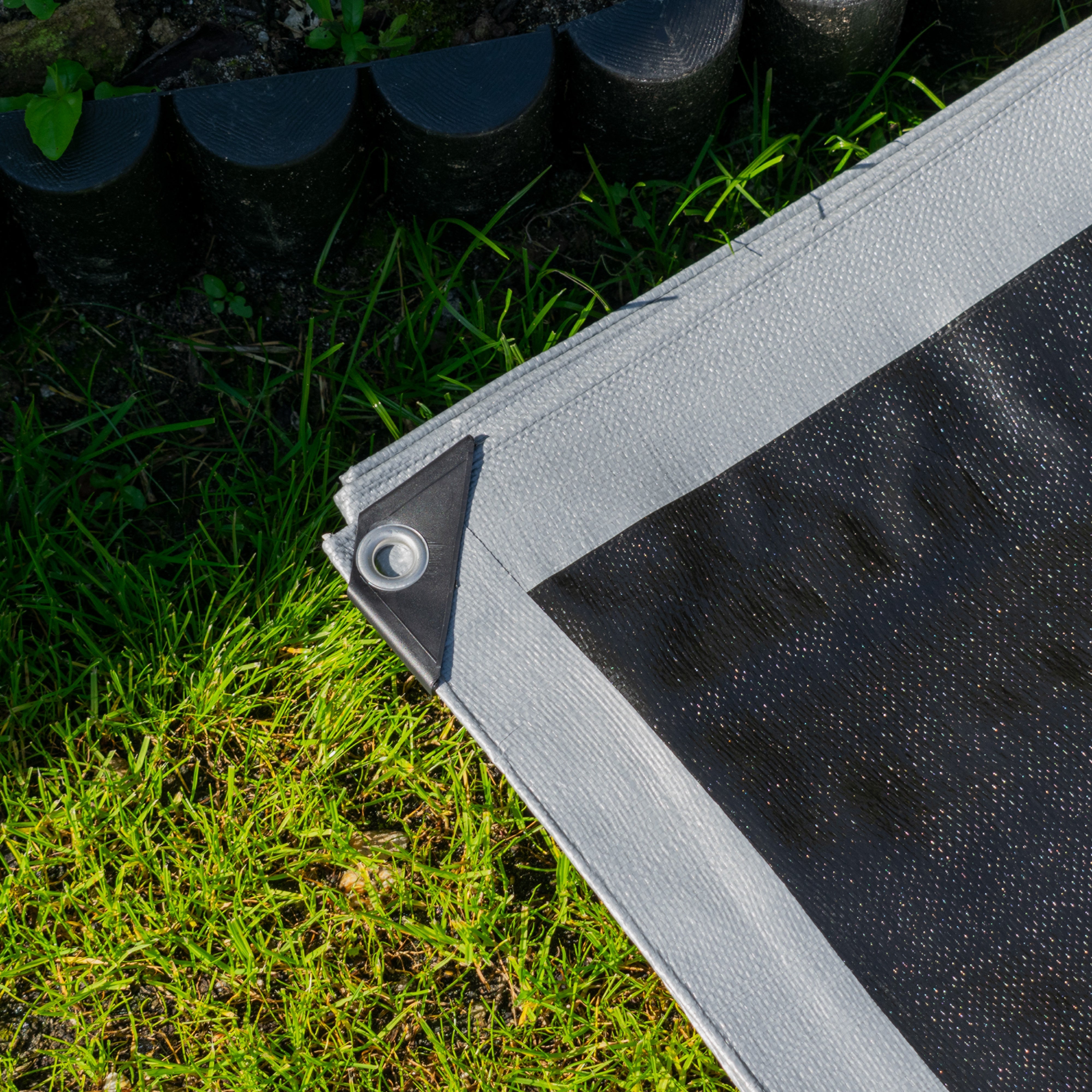 Silver XL-Grade Tarpaulin with 10 x 6" Bungee Balls (Black) and 10 x Screw Type Tarp Clips