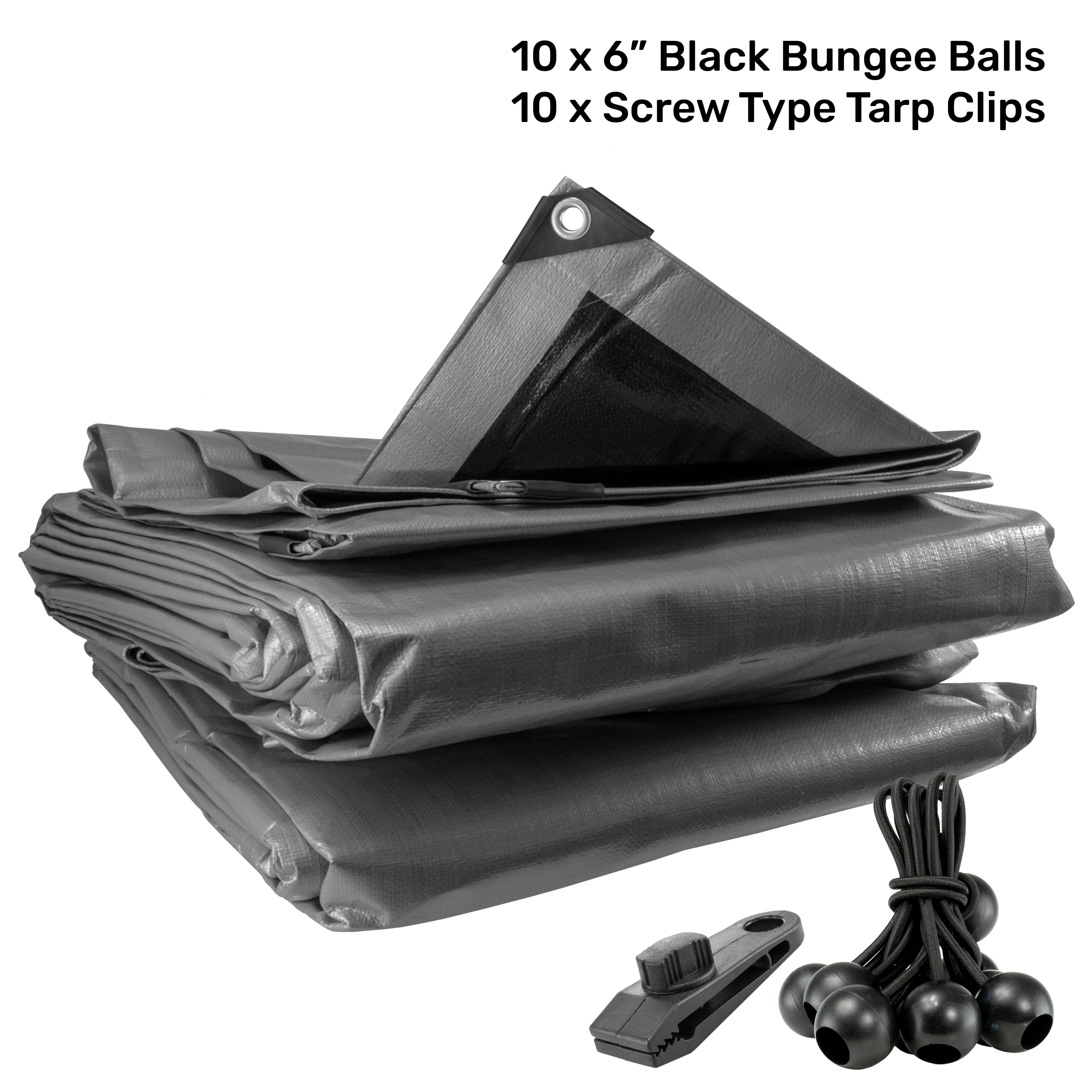 Silver XL-Grade Tarpaulin with 10 x 6" Bungee Balls (Black) and 10 x Screw Type Tarp Clips