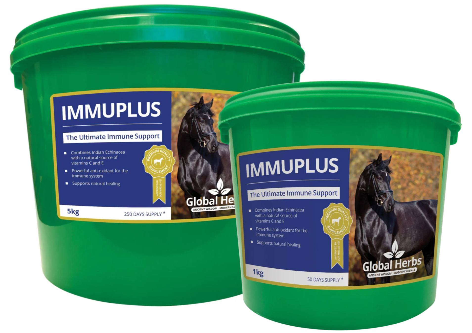 Two green buckets of Immuplus immune support supplement for horses by Global Herbs on a white background.